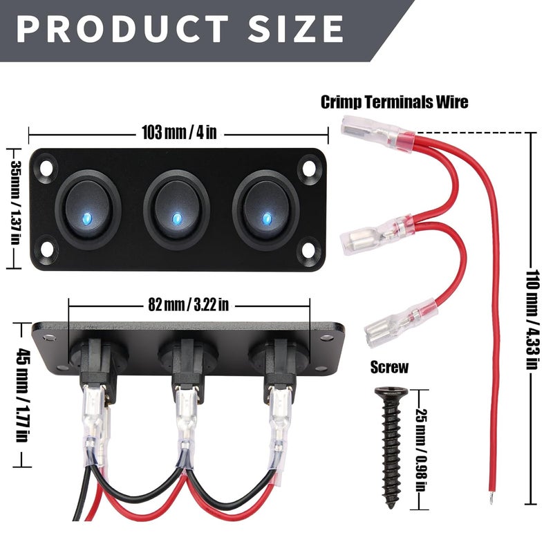 SDAQGE Round Rocker Switch Panel with 3 Pin Toggle Switch 12v 20a Blue Led Switch Panel Aluminum On Off Switch 12v for Car,Truck Marine Boat Rv Vehicle Yachts Etc （3 Way） - Image 3